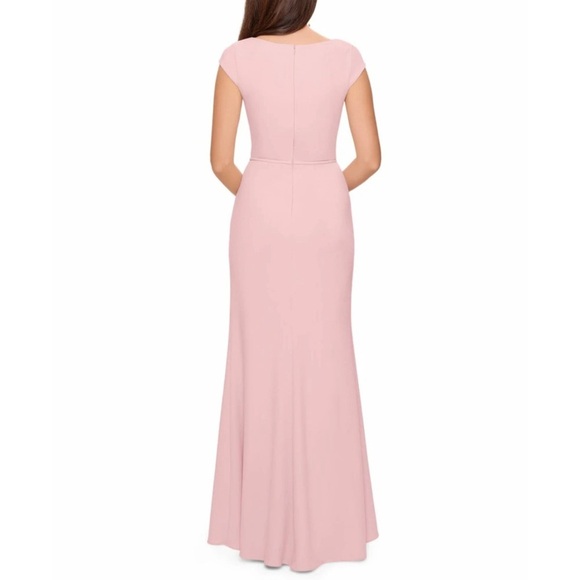 BETSY & ADAM Ruffled Slitted Cap Sleeve Asymmetrical Neckline Maxi Gown Dress - Picture 3 of 11